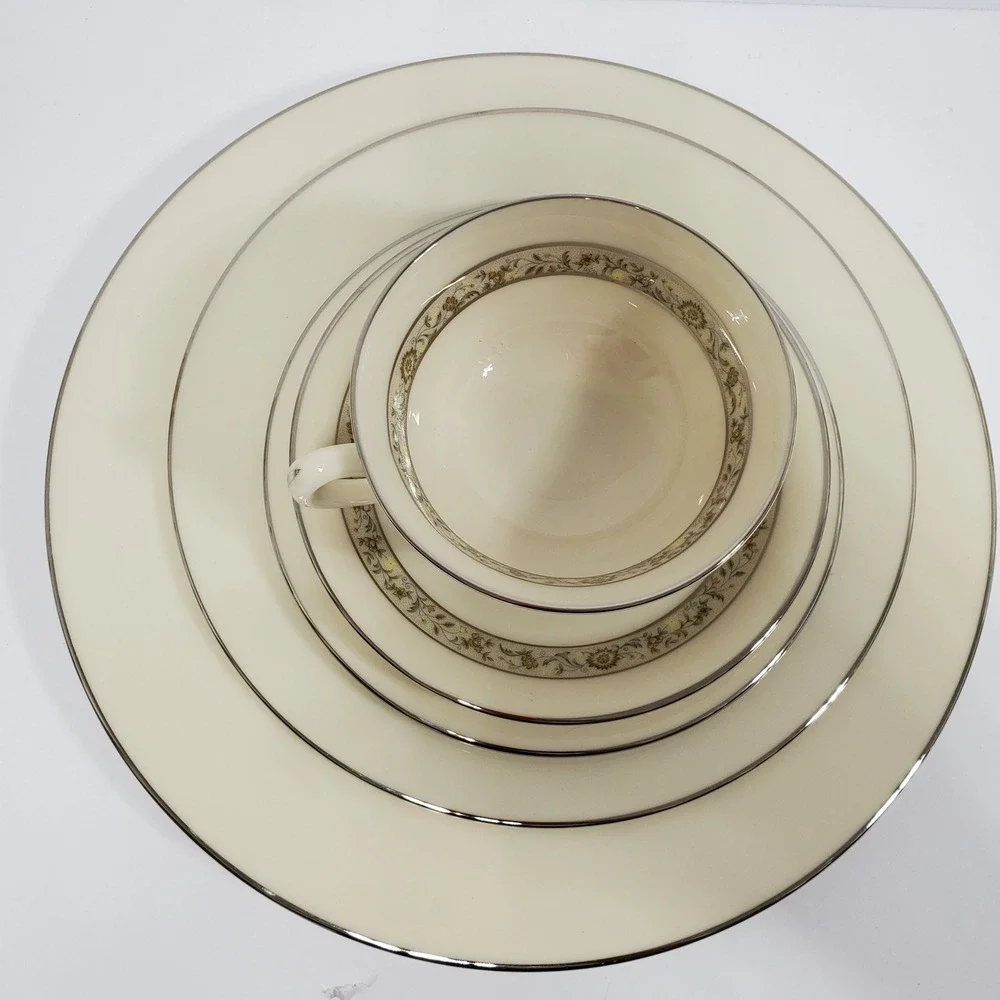Lenox Springdale Cup Saucer Salad Dinner & Bread Plates 5 Pieces Platinum Trim